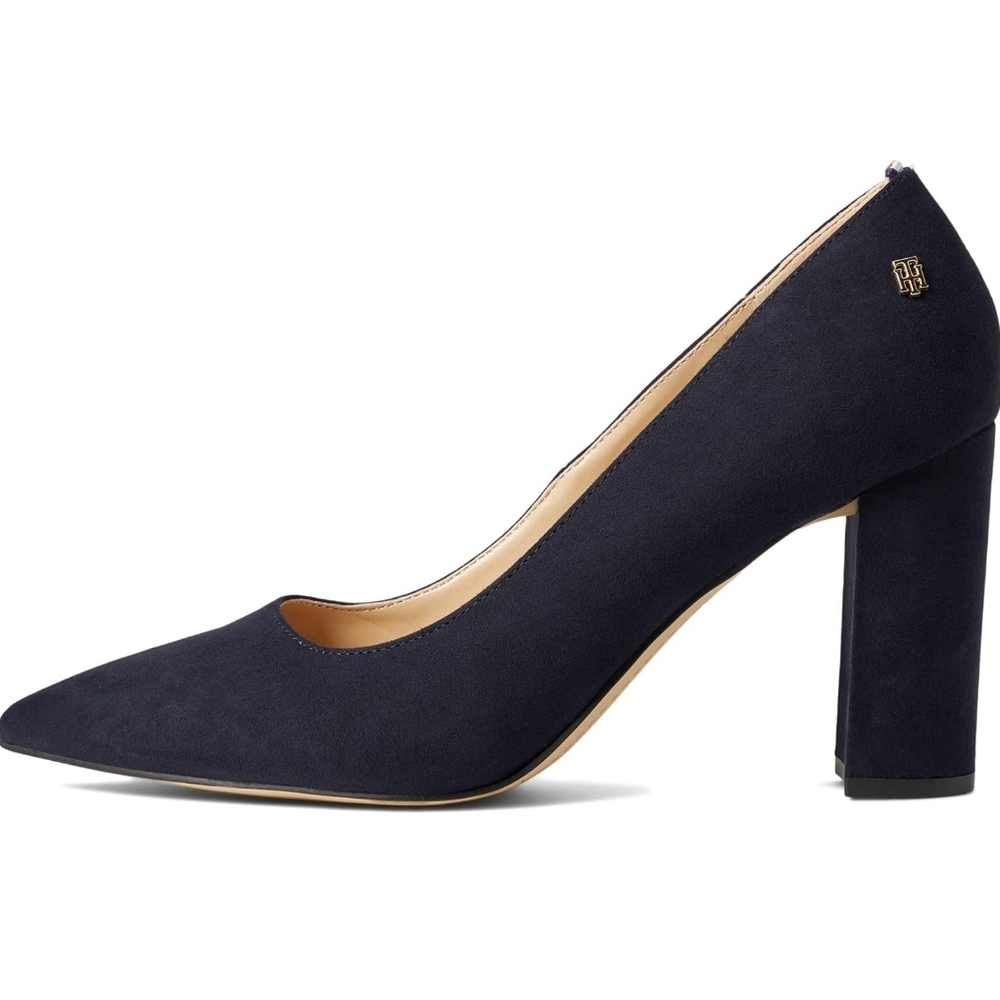 Tommy Hilfiger Navy Pointed-Toe Block Heel Pump, Size:7